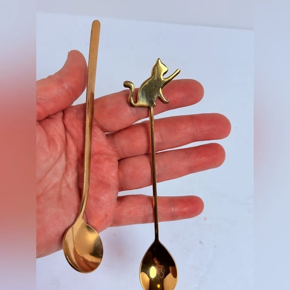 Vintage Gold Colored Cat Stirring Spoon and Regular Spoon